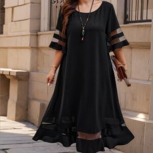 Mesh Splicing Round Neck Long Dress